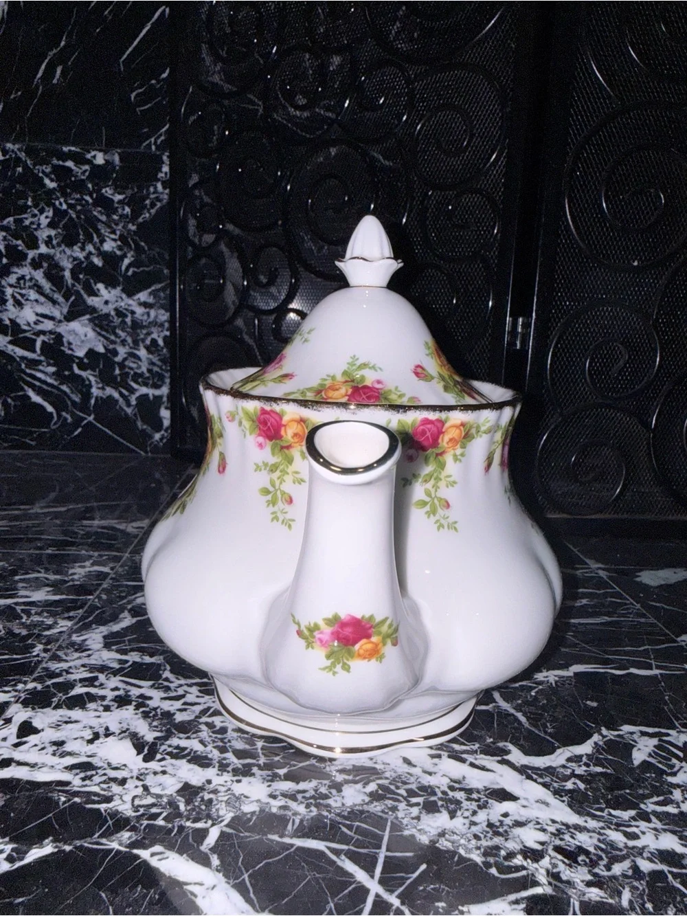 Royal Albert White Teapot with Pink and Yellow Rose Pattern